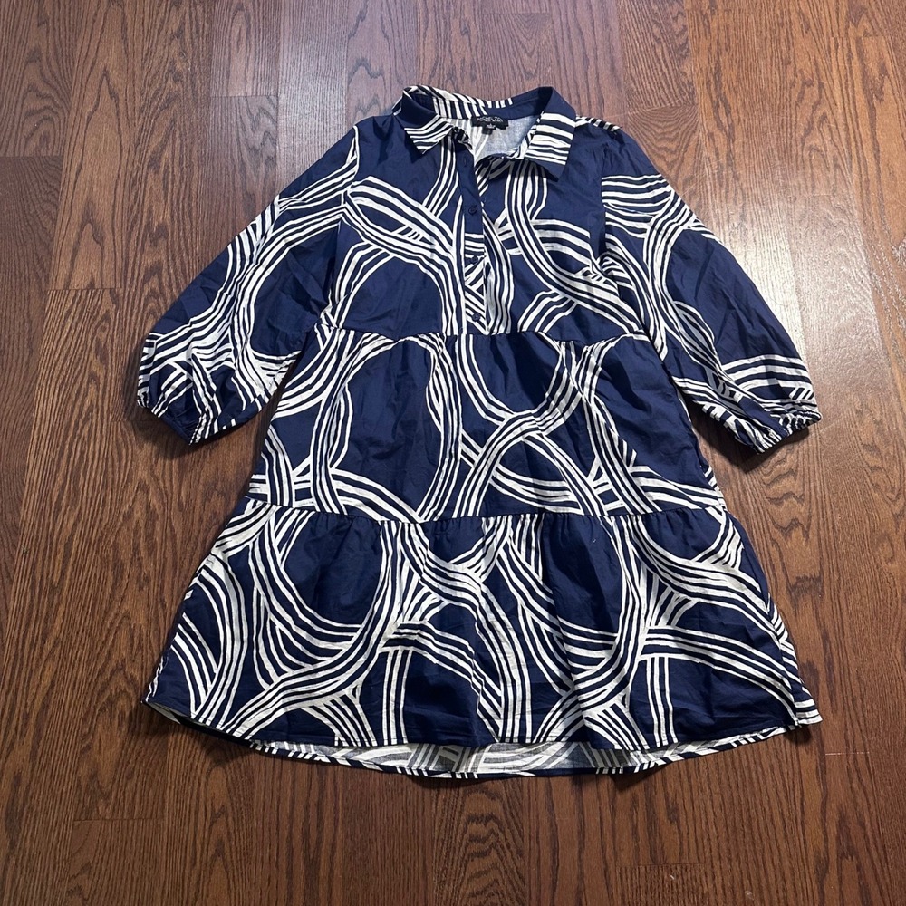 Rachel Zoe Navy White Geometric Swirl Tiered Ruffle Mini Shirt Dress Large